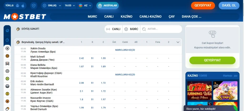 Bahis üçün idman Mostbet AZ-90